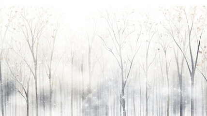 winter, light white background snowfall in the forest with a copy  space, trees covered with snowflakes, flat graphics, empty blank greeting card, watercolor design