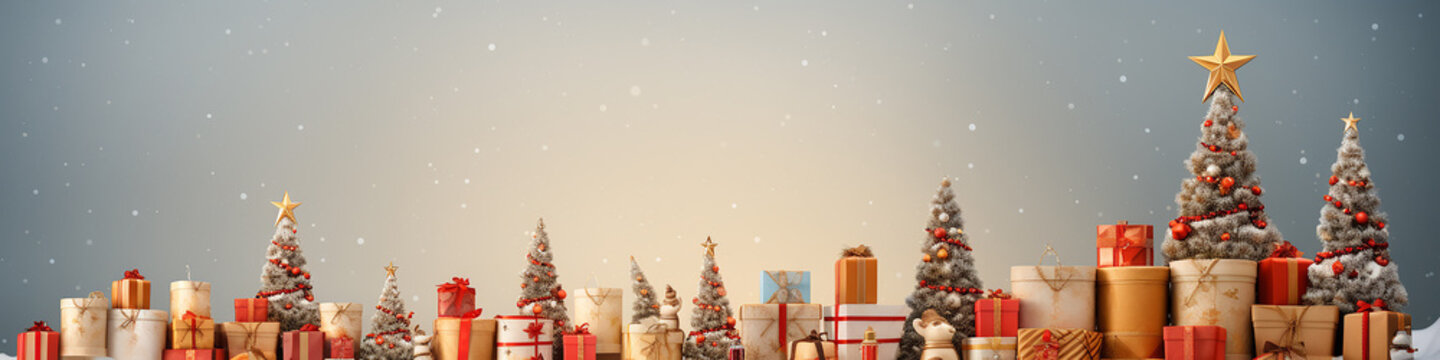 banner long christmas background decoration view from copy space Christmas tree and gifts long panoramic graphics illustration