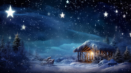christmas nativity scene, illustration, christmas eve greeting card - obrazy, fototapety, plakaty