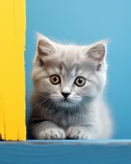 cute gray kitten sitting on a shelf with blue wall background.