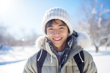 Fototapeta na wymiar A young asian male is playing happily with the snow with in a winter coat with a winter hat in a in snow covered country landscape during day in winter on a bright and sunny day