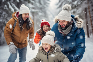 A happy latin family is throwing snowballs at each other playfully with winter coats and wearing winter hats in a in snow covered forest during a bright day in winter on a sunny day