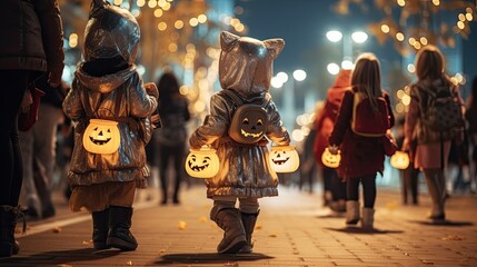 Halloween night, children holding pumpkins in an autumn themed alleyway.