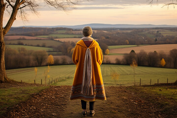 A senior latin woman is posing in front of the camera from the front happily with an autumn coat in a country landscape during sunset in autumn with no leaves on the trees