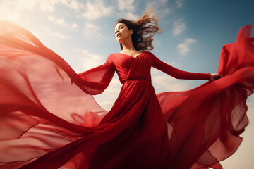 A beautiful stunning asian woman is spreading her arms while wearing a dress with eyes closed with flying waving red fabric with a sky as background ; a full waving red dress - obrazy, fototapety, plakaty