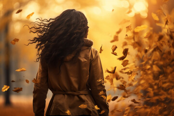 A young african american woman is playing with fallen autumn leaves happily with an autumn coat in a forest during sunset in autumn with no leaves on the trees