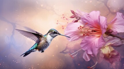 A crystal-clear, 8K image of a hummingbird sipping nectar from an Amethyst Azalea flower.