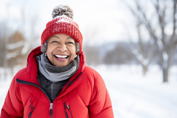 Fototapeta na wymiar A senior african american woman is playing in the snow happily with a winter coat and a winter hat in a in snow covered country landscape during day in winter on a bright day