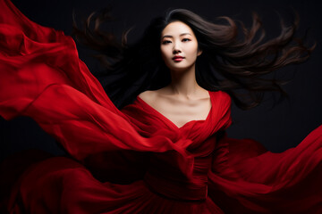 A beautiful stunning asian woman is spreading her arms while wearing a dress with eyes closed with flying waving red fabric with a black background ; a full waving red dress