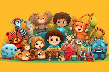Obraz na płótnie Canvas Cheerful and entertaining cartoon toy banner for children's preschool playtime. Generative AI