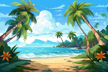 Fototapeta na wymiar Cartoon beach scene with sunny summer sea, white sand, palm leaves, and coconut trees. Generative AI
