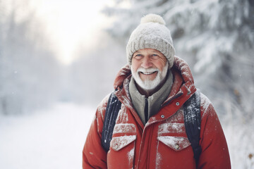 Fototapeta na wymiar A senior caucasian male is walking happily with in a winter coat with a winter hat in a in snow covered country landscape during day in winter while snowing