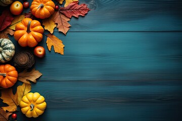 thanksgiving background with pumpkins and tomatoes on a dark blue color wooden background.