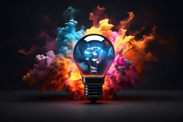 light bulb exploding with colorful smokes, creativity and knowledge, new idea