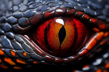 A close up of a snake eye: is a stunning photo macro with of an eyeball with a red iris and vertical slit shaped pupil and dark scaly skin : a detailed eyeball close up - obrazy, fototapety, plakaty