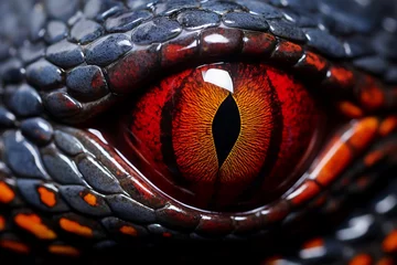 Foto op Aluminium A close up of a snake eye: is a stunning photo macro with of an eyeball with a red iris and vertical slit shaped pupil and dark scaly skin : a detailed eyeball close up © pangamedia