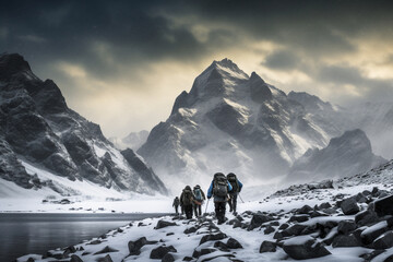 A close up of a group of tourist mountaineers and their guide are hiking to a rock in front of a mountain lake with thick coats on a in snow covered mountain hill with trails of footsteps in a snowsto - obrazy, fototapety, plakaty