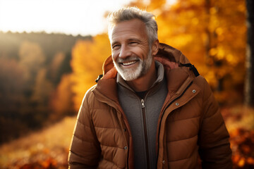 Obraz premium A senior caucasian man is posing in front of the camera happily with an autumn coat in a forest during sunset in autumn with a vibrant coloration