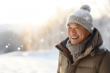 Obraz premium A senior asian male is playing happily with the snow with in a winter coat with a winter hat in a in snow covered country landscape during sunset in winter while snowing