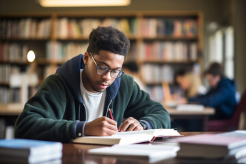 A young male african american student is studying while wearing glasses with a book in a busy school library on a table while writing on a notebook - obrazy, fototapety, plakaty