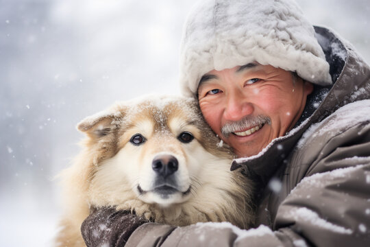 A senior asian male is playing happily with the dog in the snow with in a winter coat with a winter hat in a in snow covered country landscape during day in winter while snowing