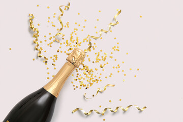 Bottle of champagne with ribbons and confetti on grey background