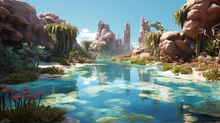 A crystal-clear pond reflecting an otherworldly Euphorbia oasis, full ultra HD, high resolution
