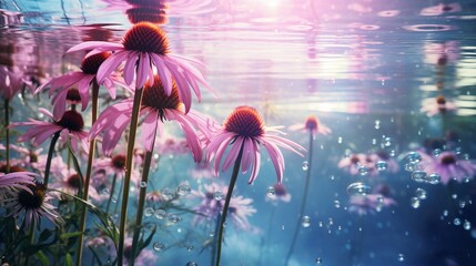 A crystal-clear pool of water reflecting a celestial Echinacea, creating a surreal, double-exposure...