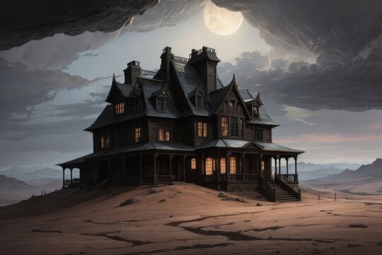 dark moody terrorific illustration of an old house 