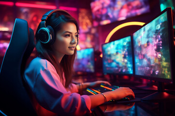 A young adolescent asian woman is gaming on a computer with a headset on a desk with two large...