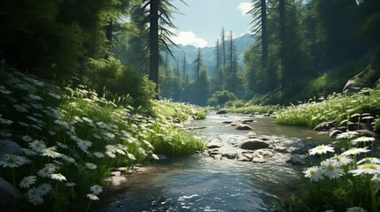 A crystal-clear stream flowing through a serene forest, with 