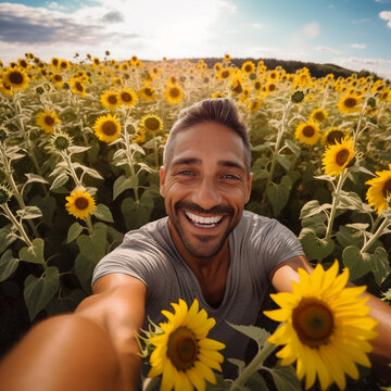 An adult latin man is is making a selfie while smiling with a professional camera in a meadow full of sunflowers a high tech social media man