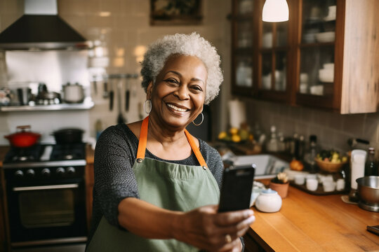 A senior african american woman is is making a selfie while smiling with a profesional camera in a kitchen while cooking a low tech social media woman