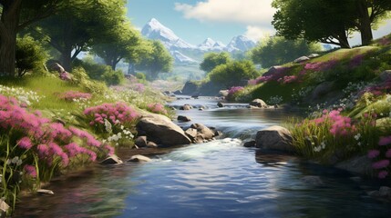 A crystal-clear stream meandering through a lush landscape, with Serenity Blossoms adorning the banks.