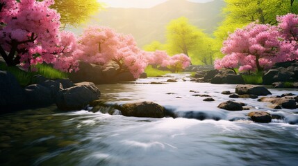 A crystal-clear stream meandering through a lush landscape, with Serenity Blossoms adorning the...