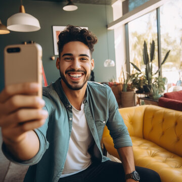 A young latin man is is making a selfie while smiling with with a telephone in a modern living room a high tech social media man