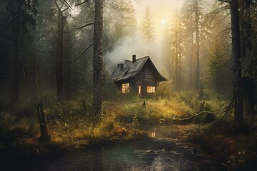 Artistic representation of a cabin nestled among trees in a serene forest setting. Generative AI