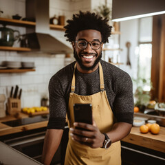 A young african american man is is making a selfie while smiling with a professional camera in a kitchen while cooking a low tech social media guy