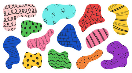 Abstract hand drawn shapes. Modern trendy stains with scribble texture.