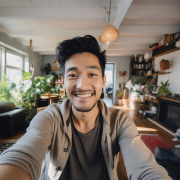An adult asian man is is making a selfie while smiling with a professional camera in a modern living room a low tech social media guy
