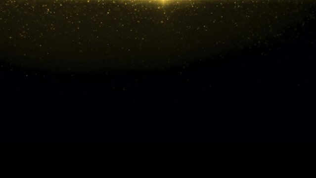 Gold particles abstract background with golden shining stars dust bokeh glitter awards dust. Futuristic glittering fly movement flickering loop in space on black background.