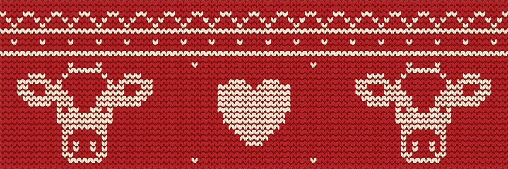 Knitted cow and heart vector seamless pattern.