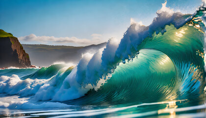 Fototapeta premium Ocean Wave with Sunset background