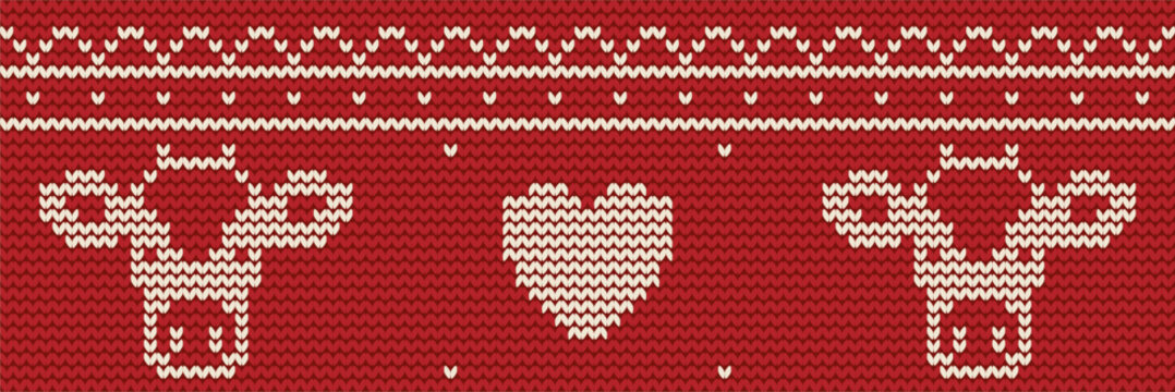 Knitted cow and heart vector seamless pattern.