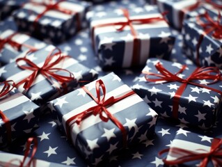 Gift boxes wrapped in paper like the American flag.
