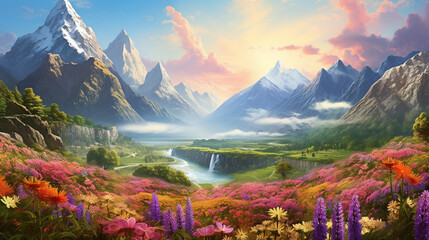 fairy tale valley with colorful flower and mountain background. beautiful fantasy landscape scene - obrazy, fototapety, plakaty