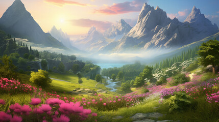 fairy tale valley with colorful flower and mountain background. beautiful fantasy landscape scene - obrazy, fototapety, plakaty