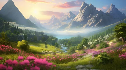 Tuinposter fairy tale valley with colorful flower and mountain background. beautiful fantasy landscape scene © piggu