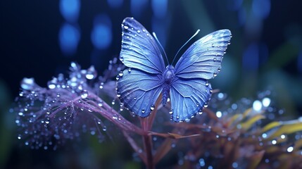 A dew-covered Butterfly Bluet, early in the morning, with intricate water droplets on its wings.