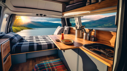 Elegant and Modern Interior of a Well-Furnished Caravan with a Sunrise View of a Forest and Lake